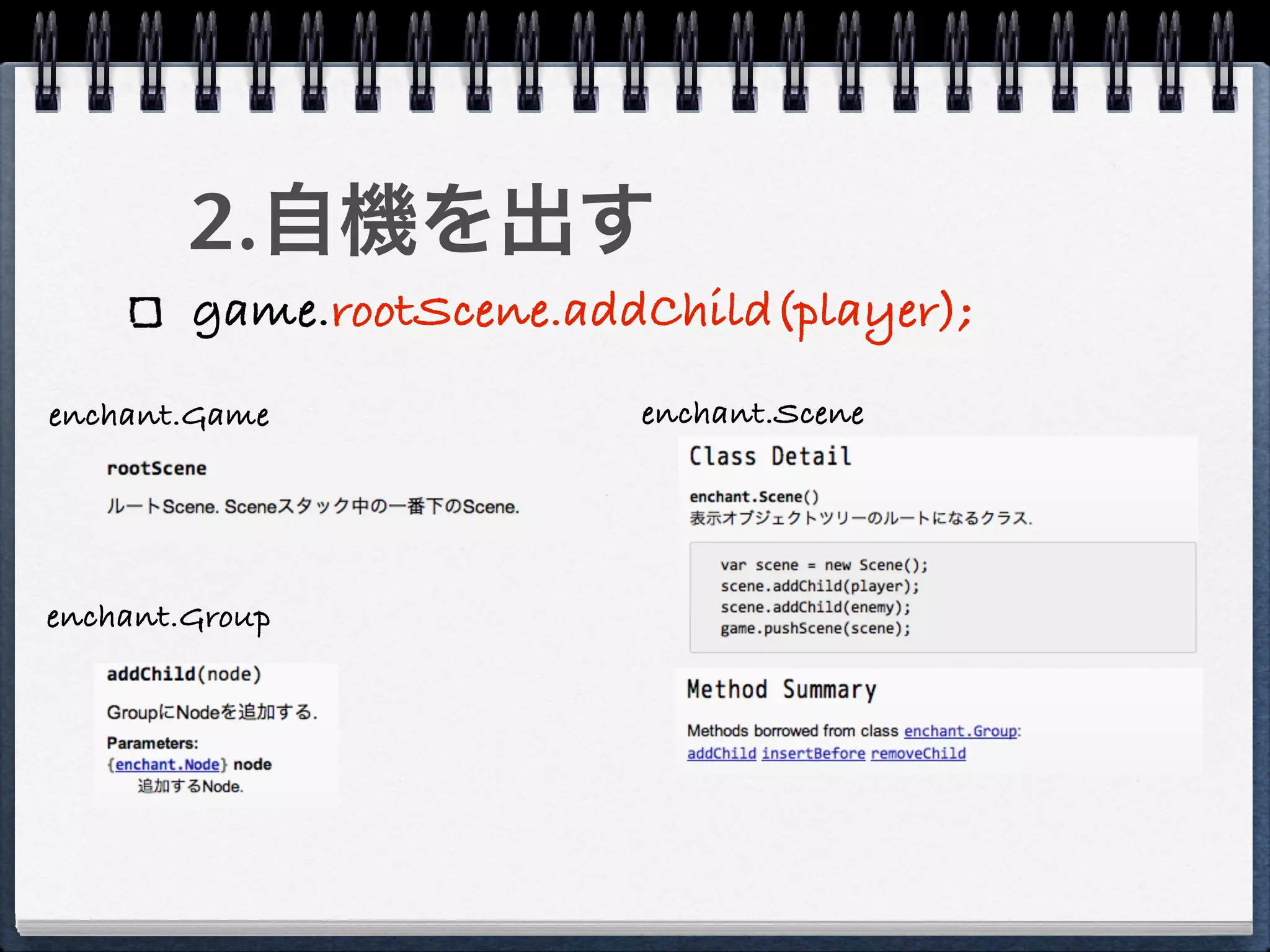 2.自機を出す
        game.rootScene.addChild(player);
enchant.Game              enchant.Scene




enchant.Group
 