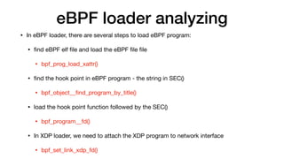eBPF loader analyzing
• In eBPF loader, there are several steps to load eBPF program:

• ﬁnd eBPF elf ﬁle and load the eBPF ﬁle ﬁle

• bpf_prog_load_xattr()

• ﬁnd the hook point in eBPF program - the string in SEC()

• bpf_object__ﬁnd_program_by_title()

• load the hook point function followed by the SEC()

• bpf_program__fd()

• In XDP loader, we need to attach the XDP program to network interface

• bpf_set_link_xdp_fd()
 