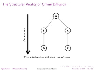 The Structural Virality of Online Di↵usion 
A 
B 
D 
C 
E 
Generations 
Characterize size and structure of trees 
@jakehofman (Microsoft Research) Computational Social Science November 6, 2014 49 / 62 
 
