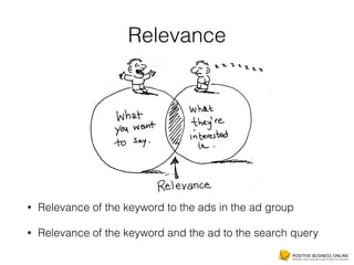 Relevance
• Relevance of the keyword to the ads in the ad group
• Relevance of the keyword and the ad to the search query
 