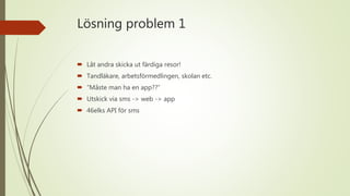 Lösning problem 1
 Låt andra skicka ut färdiga resor!
 Tandläkare, arbetsförmedlingen, skolan etc.
 ”Måste man ha en app??”
 Utskick via sms -> web -> app
 46elks API för sms
 