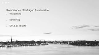 Kommande / efterfrågad funktionalitet
Rikstäckning
Samåkning
ETA & bil på karta
 