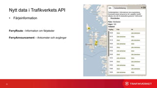25
Nytt data i Trafikverkets API
• Färjeinformation
• Rastplatser (Parkings)
- Metadata om rastplatserna
- Säkra lastbilsparkeringar
- Fotografier
 