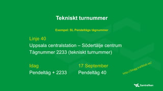 Tekniskt turnummer
Exempel: SL Pendeltågs tågnummer
Linje 40
Uppsala centralstation – Södertälje centrum
Tågnummer 2233 (tekniskt turnummer)
Idag 17 September
Pendeltåg + 2233 Pendeltåg 40
 
