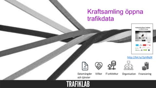 Kraftsamling öppna
trafikdata
VillkorDatamängder
och tjänster
IT-arkitektur Organisation Finansiering
http://bit.ly/2pVBqlX
 
