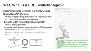 Wait, What is a CRD/Controller Again?
- Custom Resource Definition is a YAML/Golang
structs/OpenAPI Schema
- On its own does nothing, Kubernetes will simply store them
- v1.16 brings structural schema validation
- Brought to life with a Controller/Operator
- “Just another Deployment”
- A service which watches for new/updates to CRD resources,
then runs it’s `func (r *FooReconciler)
Reconcile(req ctrl.Request) (ctrl.Result,
error) { … }`
 