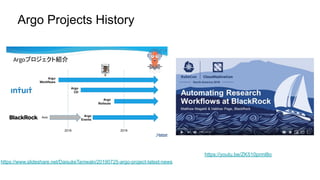 https://www.slideshare.net/DaisukeTaniwaki/20190725-argo-project-latest-news
Argo Projects History
https://youtu.be/ZK510prml8o
 