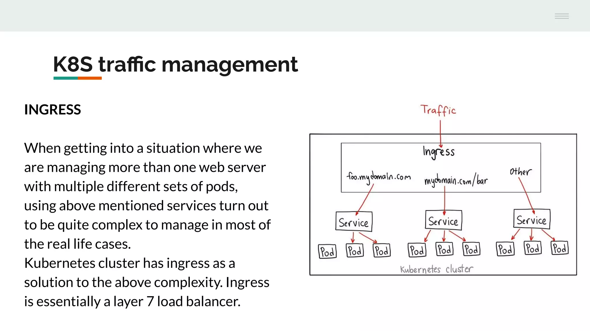 K8S traﬃc management
INGRESS
When getting into a situation where we
are managing more than one web server
with multiple different sets of pods,
using above mentioned services turn out
to be quite complex to manage in most of
the real life cases.
Kubernetes cluster has ingress as a
solution to the above complexity. Ingress
is essentially a layer 7 load balancer.
 