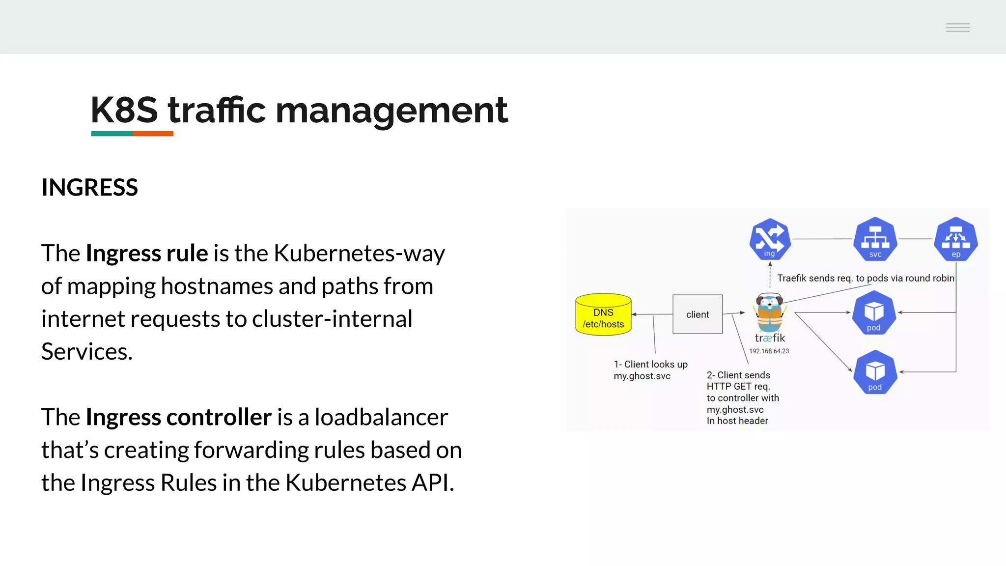 K8S traﬃc management
INGRESS
The Ingress rule is the Kubernetes-way
of mapping hostnames and paths from
internet requests to cluster-internal
Services.
The Ingress controller is a loadbalancer
that’s creating forwarding rules based on
the Ingress Rules in the Kubernetes API.
 