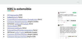 K8S is extensible
● API Aggregation (GA)
● kubectl plugins (beta)
● CustomResourceDeﬁnitions, Example intro (beta)
● Container Network Interface plugins (stable)
● Scheduler webhook & multiple (beta)
● Device plugins (GA)
● Admission webhooks (beta)
● External Cloud Provider Integrations (beta)
● API Server authn / authz webhooks (stable)
● Container Runtime Interface plugins (alpha)
● Container Storage Interface plugins (GA)
 