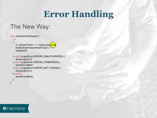 The New Way:
func refreshActivityFeed() {
do
{
let refreshToken = try login(username)
loadActivityFeed(refreshToken)
updateUI()
} catch (LoginError.ERROR_UNAUTHORIZED) {
showLoginVC()
} catch (LoginError.ERROR_FORBIDDEN) {
showErrorAlert()
} catch (LoginError.ERROR_NOT_FOUND) {
showLoginVC()
} catch {
showErrorAlert()
}
}
Error Handling
 