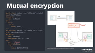 Mutual encryption
https://www.infoq.com/articles/istio-security-mtls-jwt/
Citadel
 