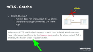 mTLS - Gotcha
▪ Health Checks..?
▪ Kubelet does not know about mTLS, and is
therefore no longer allowed to talk to the
apps
Kubelet
 