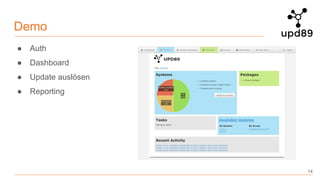 Demo
● Auth
● Dashboard
● Update auslösen
● Reporting
14
 