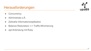 Herausforderungen
● Concurrency
● Administrate o.Ä.
● Zeitnahe Informationsreplikation
● Balance Redundanz <-> Traffic-Minimierung
● apt-Anbindung mit Ruby
19
 