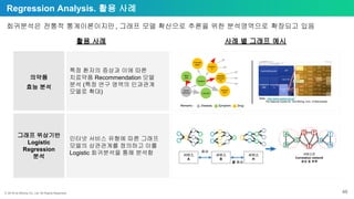 ⓒ 2018 by Bitnine Co, Ltd. All Rights Reserved. 46
Regression Analysis. 활용 사례
회귀분석은 전통적 통계이론이지만, 그래프 모델 확산으로 추론을 위한 분석영역으로 확장되고 있음
특정 환자의 증상과 이에 따른
치료약품 Recommendation 모델
분석 (특정 연구 영역의 인과관계
모델로 확대)
의약품
효능 분석
인터넷 서비스 유형에 따른 그래프
모델의 상관관계를 정의하고 이를
Logistic 회귀분석을 통해 분석함
그래프 위상기반
Logistic
Regression
분석
활용 사례 사례 별 그래프 예시
서비스
A
서비스
B
서비스
H
非 유사
유사
서비스간
Correlation network
생성 및 분류
A
C
B
F
G
ID
E H
Spinal
Stenosis
Back
pain
Sciatica
Leg pain
Chymop
apain
Posture-
D
m​ethylpr
ednisolo
ne
bupivac
aine
Remarks : Disease, Symptom, Drug
Refer : http://www.nactem.ac.uk/
The National Centre for Text Mining, Univ. of Manchester
 