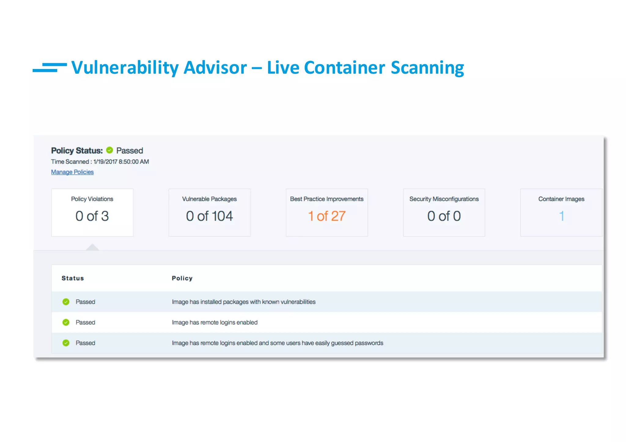 16© IBM Corporation
Vulnerability	Advisor	– Live	Container	Scanning
 