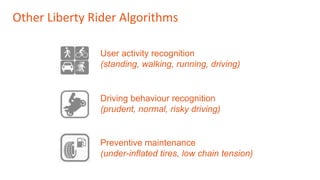 Other Liberty Rider Algorithms
Preventive maintenance
(under-inflated tires, low chain tension)
Driving behaviour recognition
(prudent, normal, risky driving)
User activity recognition
(standing, walking, running, driving)
 