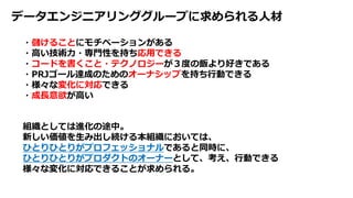 データエンジニアリンググループに求められる⼈材
・儲けることにモチベーションがある
・⾼い技術⼒・専⾨性を持ち応⽤できる
・コードを書くこと・テクノロジーが３度の飯より好きである
・PRJゴール達成のためのオーナシップを持ち⾏動できる
・様々な変化に対応できる
・成⻑意欲が⾼い
組織としては進化の途中。
新しい価値を⽣み出し続ける本組織においては、
ひとりひとりがプロフェッショナルであると同時に、
ひとりひとりがプロダクトのオーナーとして、考え、⾏動できる
様々な変化に対応できることが求められる。
 