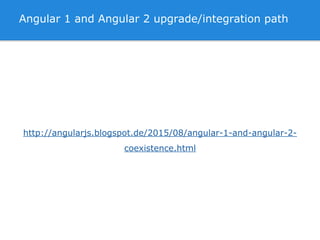 Angular 1 and Angular 2 upgrade/integration path
http://angularjs.blogspot.de/2015/08/angular-1-and-angular-2-
coexistence.html
 