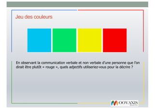 Jeu des couleurs
En observant la communication verbale et non verbale d’une personne que l’on
dirait être plutôt « rouge », quels adjectifs utiliseriez-vous pour la décrire ?
 