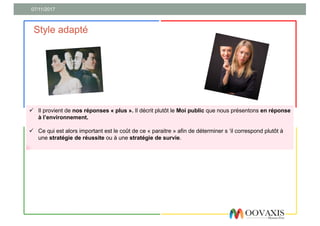 07/11/2017
Style adapté
ü Il provient de nos réponses « plus ». Il décrit plutôt le Moi public que nous présentons en réponse
à l’environnement.
ü Ce qui est alors important est le coût de ce « paraitre » afin de déterminer s ‘il correspond plutôt à
une stratégie de réussite ou à une stratégie de survie.
 