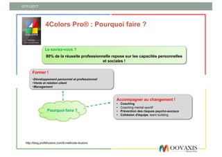 Former !
•Développement personnel et professionnel
•Vente et relation client
•Management
07/11/2017
http://blog.profil4colors.com/9-methode-4colors
4Colors Pro® : Pourquoi faire ?
Le saviez-vous ?
80% de la réussite professionnelle repose sur les capacités personnelles
et sociales !
Accompagner au changement !
• Coaching
• Coaching mental sportif
• Prévention des risques psycho-sociaux
• Cohésion d'équipe, team building
Pourquoi faire ?
 