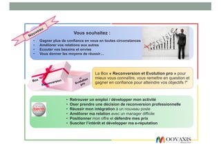 Vous souhaitez :
• Gagner plus de confiance en vous en toutes circonstances
• Améliorer vos relations aux autres
• Ecouter vos besoins et envies
• Vous donner les moyens de réussir…
La Box « Reconversion et Evolution pro » pour
mieux vous connaître, vous remettre en question et
gagner en confiance pour atteindre vos objectifs !*
• Retrouver un emploi / développer mon activité
• Oser prendre une décision de reconversion professionnelle
• Réussir mon intégration à un nouveau poste
• Améliorer ma relation avec un manager difficile
• Positionner mon offre et défendre mes prix
• Susciter l’intérêt et développer ma e-réputation
 