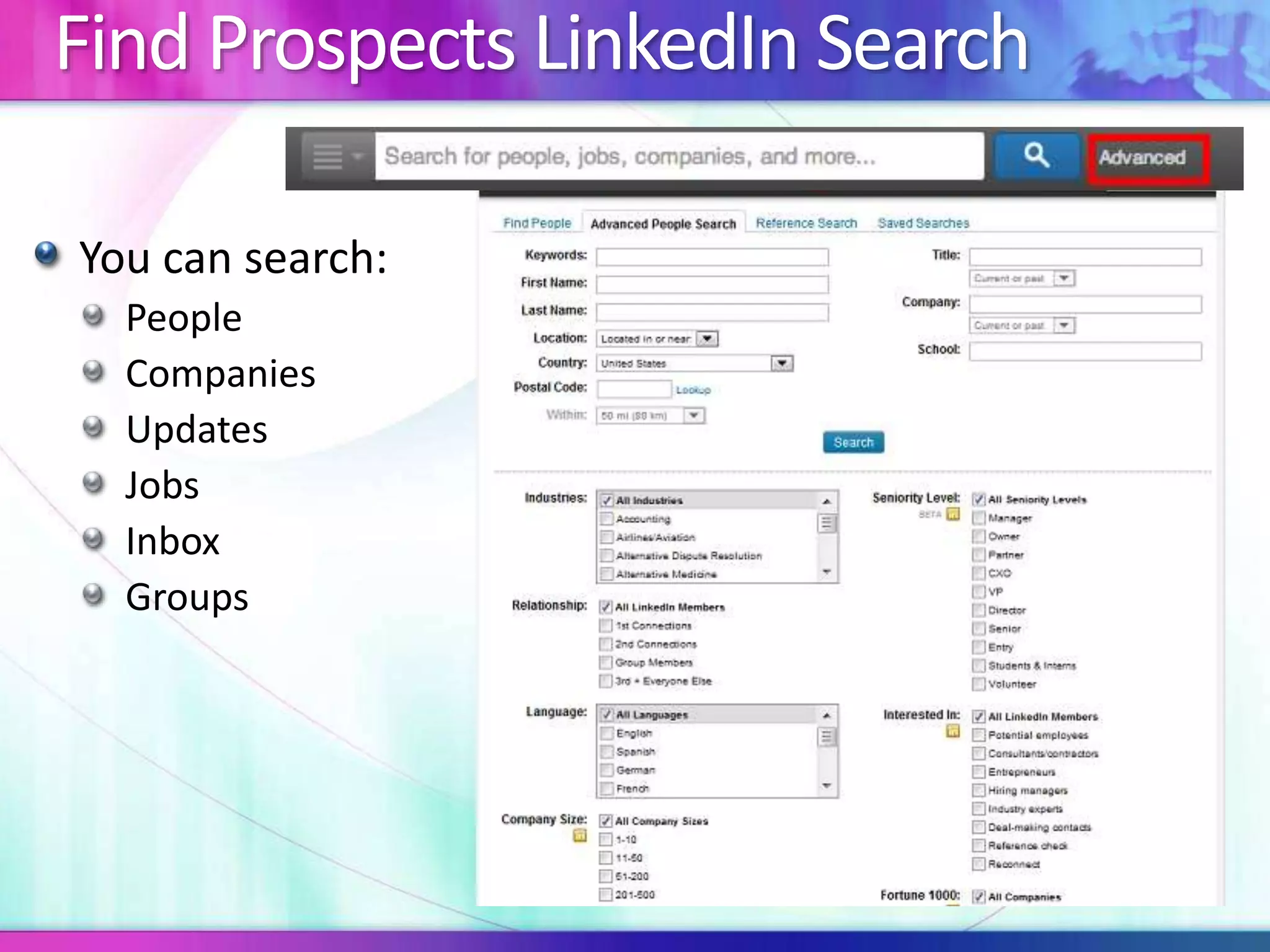 Find Prospects LinkedIn Search 
You can search: 
People 
Companies 
Updates 
Jobs 
Inbox 
Groups 
 