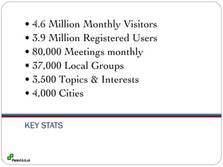 KEY STATS •  4.6 Million Monthly Visitors •  3.9 Million Registered Users •  80,000 Meetings monthly •  37,000 Local Groups •  3,500 Topics & Interests •  4,000 Cities 