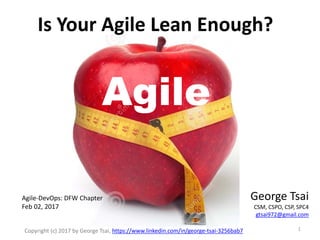 Agile
Is Your Agile Lean Enough?
George Tsai
CSM, CSPO, CSP, SPC4
gtsai972@gmail.com
Agile-DevOps: DFW Chapter
Feb 02, 2017
1Copyright (c) 2017 by George Tsai, https://www.linkedin.com/in/george-tsai-3256bab7
 