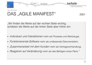 AM ANFANG …
DAS „AGILE MANIFEST“ 2001
„Wir finden die Werte auf der rechten Seite wichtig,
schätzen die Werte auf der linken Seite aber höher ein:
• Individuen und Interaktionen mehr als Prozesse und Werkzeuge,
• Funktionierende Software mehr als umfassende Dokumentation,
• Zusammenarbeit mit dem Kunden mehr als Vertragsverhandlung,
• Reagieren auf Veränderung mehr als das Befolgen eines Plans.“
 