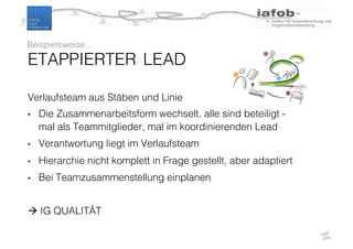 Verlaufsteam aus Stäben und Linie
• Die Zusammenarbeitsform wechselt, alle sind beteiligt -
mal als Teammitglieder, mal im koordinierenden Lead
• Verantwortung liegt im Verlaufsteam
• Hierarchie nicht komplett in Frage gestellt, aber adaptiert
• Bei Teamzusammenstellung einplanen
à IG QUALITÄT
ETAPPIERTER LEAD
Beispielsweise…
 
