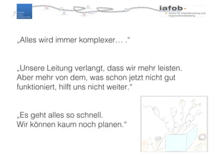 „Alles wird immer komplexer… .“
„Unsere Leitung verlangt, dass wir mehr leisten.
Aber mehr von dem, was schon jetzt nicht gut
funktioniert, hilft uns nicht weiter.“
„Es geht alles so schnell.
Wir können kaum noch planen.“
3
 