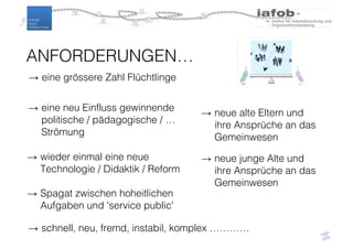 4
→ eine grössere Zahl Flüchtlinge
→ eine neu Einfluss gewinnende
politische / pädagogische / …
Strömung
→ wieder einmal eine neue
Technologie / Didaktik / Reform
→ neue alte Eltern und
ihre Ansprüche an das
Gemeinwesen
→ Spagat zwischen hoheitlichen
Aufgaben und 'service public'
ANFORDERUNGEN…
→ schnell, neu, fremd, instabil, komplex …………
→ neue junge Alte und
ihre Ansprüche an das
Gemeinwesen
 
