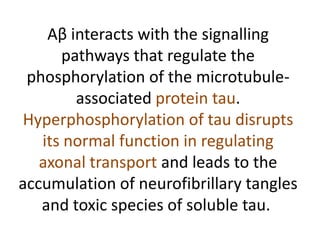 Aβ interacts with the signalling
pathways that regulate the
phosphorylation of the microtubuleassociated protein tau.
Hyperphosphorylation of tau disrupts
its normal function in regulating
axonal transport and leads to the
accumulation of neurofibrillary tangles
and toxic species of soluble tau.

 