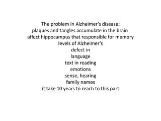 The problem in Alzheimer’s disease:
plaques and tangles accumulate in the brain
affect hippocampus that responsible for memory
levels of Alzheimer’s
defect in
language
text in reading
emotions
sense, hearing
family names
it take 10 years to reach to this part

 
