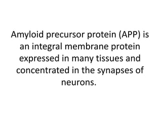 Amyloid precursor protein (APP) is
an integral membrane protein
expressed in many tissues and
concentrated in the synapses of
neurons.

 