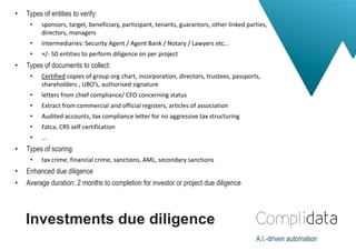 A.I.-driven automationA.I.-driven automation
Investments due diligence
• Types of entities to verify:
• sponsors, target, ...