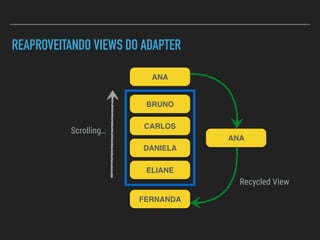REAPROVEITANDO VIEWS DO ADAPTER
BRUNO
ANA
CARLOS
DANIELA
ELIANE
FERNANDA
ANA
Scrolling…
Recycled View
 
