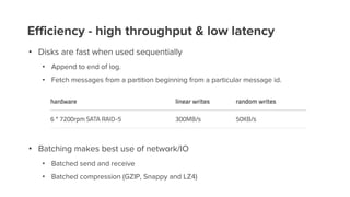 Efficiency - high throughput & low latency
• Disks are fast when used sequentially
• Append to end of log.
• Fetch messages from a partition beginning from a particular message id.
• Batching makes best use of network/IO
• Batched send and receive
• Batched compression (GZIP, Snappy and LZ4)
 