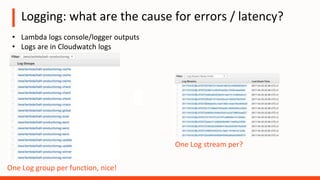 Logging: what are the cause for errors / latency?
• Lambda logs console/logger outputs
• Logs are in Cloudwatch logs
One Log group per function, nice!
One Log stream per?
 