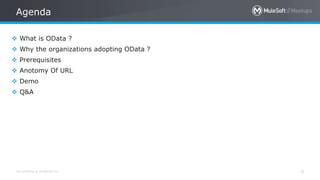 All contents © MuleSoft Inc.
Agenda
6
 What is OData ?
 Why the organizations adopting OData ?
 Prerequisites
 Anotomy Of URL
 Demo
 Q&A
 