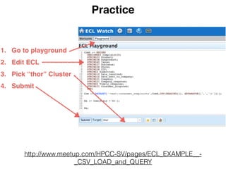 Query w/ ECL 
Com := DATASET(~test::complaints,ComS, 
CSV(HEADING(1), SEPARATOR([',','t']))); 
ComS :=RECORD 
UNSIGNED3 ComplaintID; 
STRING23 Product; 
STRING38 State; 
. 
. 
STRING31Consumer_disputed; 
END; 
Ma := Com(State = MA); 
Ma; //output 
WHERE `State` = MA 
File Type 
File Location,! 
FROM Table 
USE DATABASE; 
SELECT * . 
Schema 
 