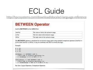 Schema Made EZ 
http://hpccsystems.com/demos/data-profiling-demo 
CSV 
IN 
Schema 
Click OUT 
Storing a new file and want to make a quick schema? 
! 
Take a small part of your CSV data and 
go to the link below to make an ECL Schema 
 