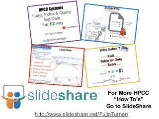 For More HPCC! 
How Tos! 
Go to ݺߣShare 
http://www.slideshare.net/FujioTurner/ 
 