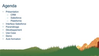 Agenda
• Présentation
– CRM
– Salesforce
– Plateforme
• Interface Salesforce
• Paramétrage
• Développement
• Use Case
• Demo
• Auto formation
 