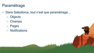 Paramétrage
• Dans Salesforce, tout n’est que paramétrage…
– Objects
– Champs
– Pages
– Notifications
 