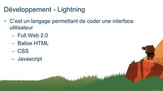 Développement - Lightning
• C’est un langage permettant de coder une interface
utilisateur
– Full Web 2.0
– Balise HTML
– CSS
– Javascript
 