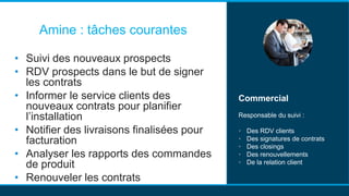 Amine : tâches courantes
• Suivi des nouveaux prospects
• RDV prospects dans le but de signer
les contrats
• Informer le service clients des
nouveaux contrats pour planifier
l’installation
• Notifier des livraisons finalisées pour
facturation
• Analyser les rapports des commandes
de produit
• Renouveler les contrats
Commercial
Responsable du suivi :
• Des RDV clients
• Des signatures de contrats
• Des closings
• Des renouvellements
• De la relation client
 